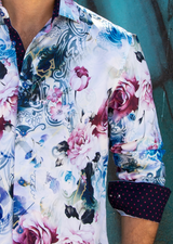 Modern Floral Blue Button Up Long Sleeve Dress Shirt