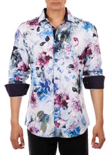 Modern Floral Blue Button Up Long Sleeve Dress Shirt