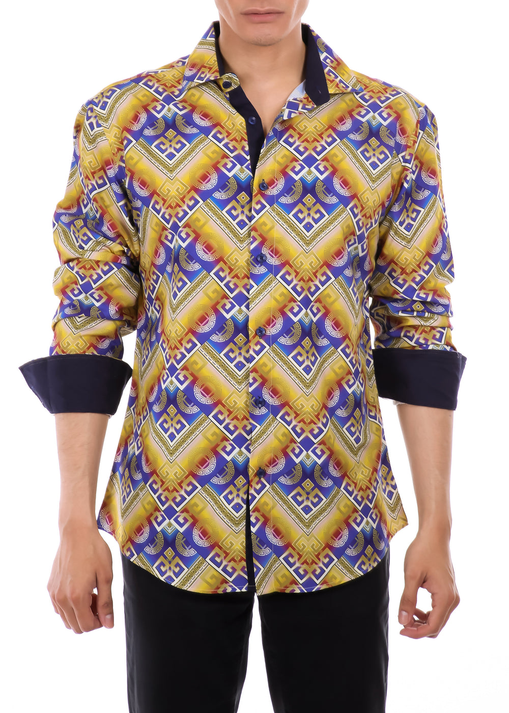 Men's GOLD Printed Button Up Long Sleeve Dress Shirt GOLD / XL