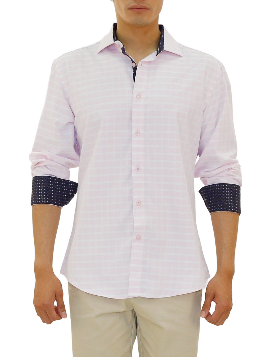 Windowpane Pattern Long Sleeve Dress Shirt Pink