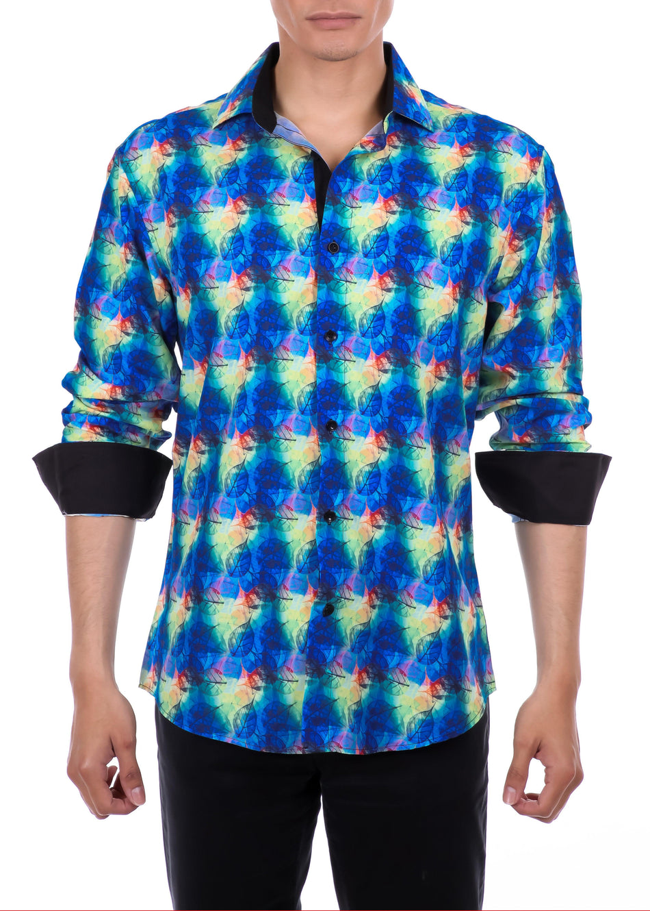 Men's Trippy Leaf Print Long Sleeve Shirt Blue
