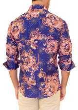 Abstract Garden Flourish Motif Long Sleeve Dress Shirt Navy