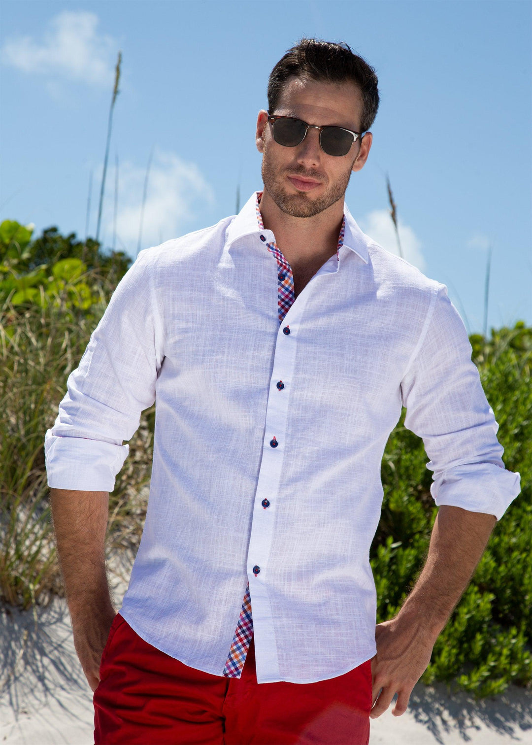 Men's Essentials Classic Solid White Linen Long Sleeve