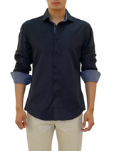 Square Microprint Long Sleeve Dress Shirt Navy