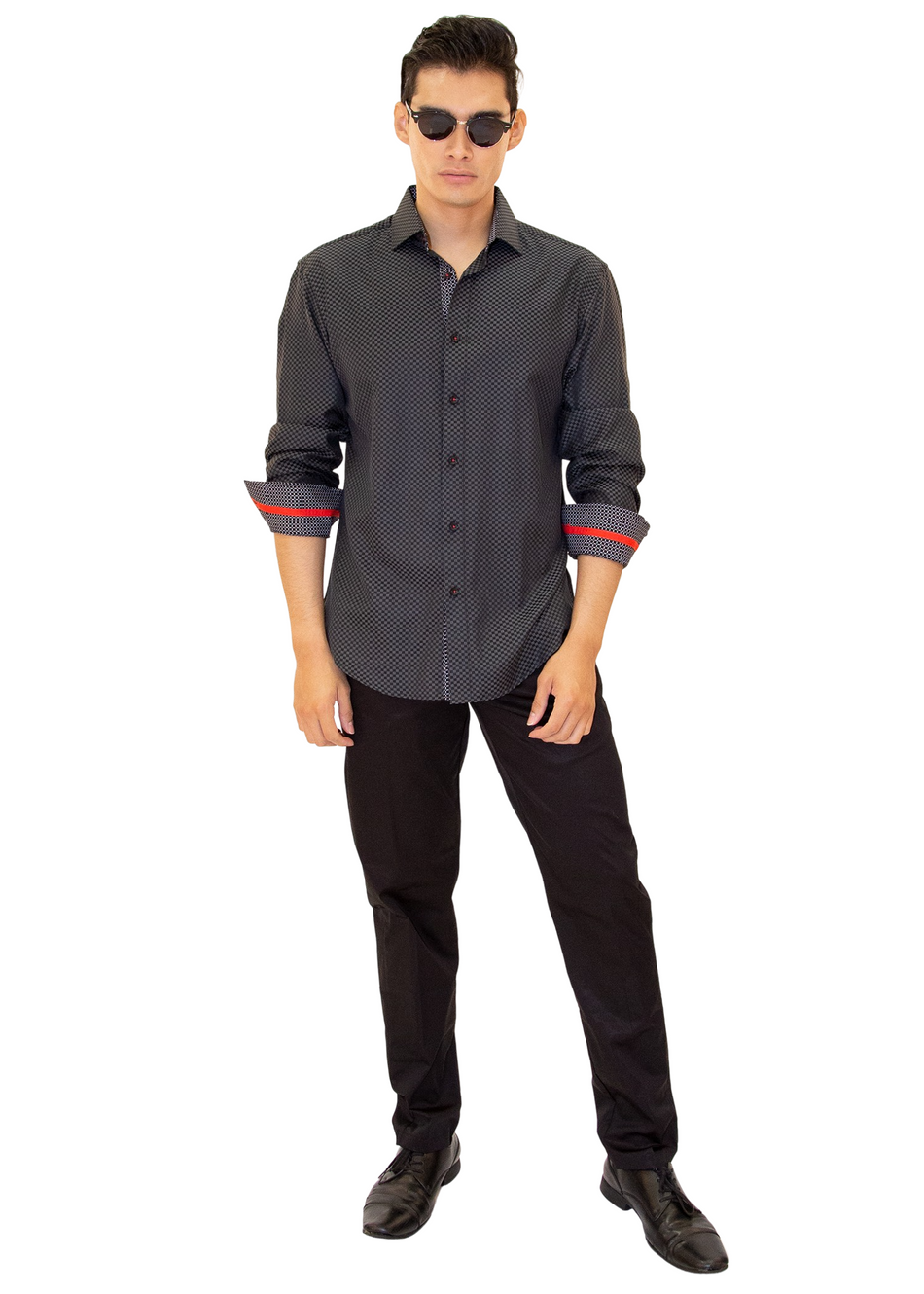 Checkered Texture Long Sleeve Dress Shirt Black