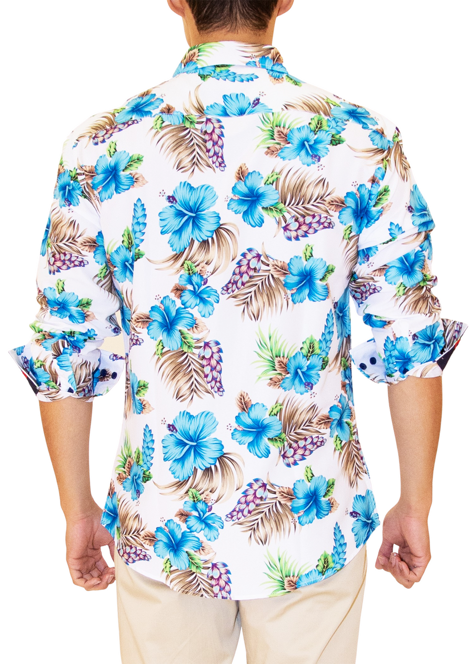 Blue Hibiscus Hawaiian Print Long Sleeve Dress Shirt White