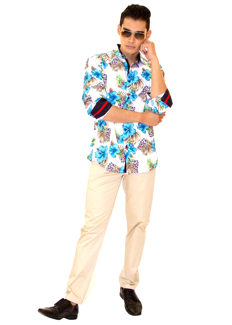 Blue Hibiscus Hawaiian Print Long Sleeve Dress Shirt White www.bespokemoda BESPOKE MODA