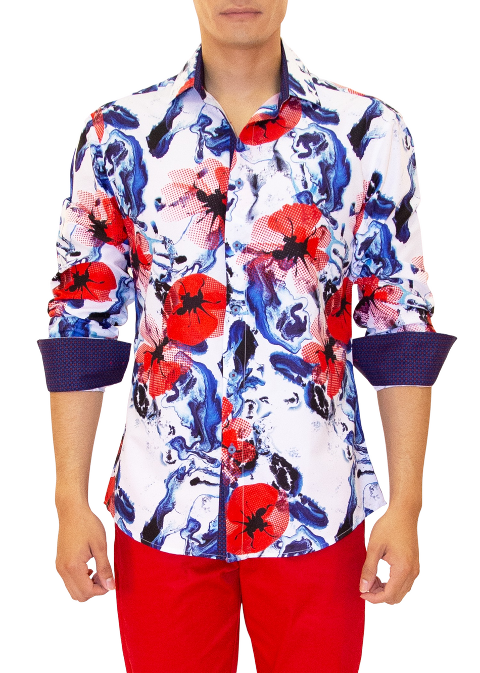 Abstract Floral Print Long Sleeve Dress Shirt Blue