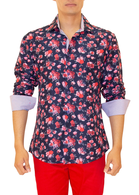 Red Rose Bouquet Print Long Sleeve Dress Shirt Navy
