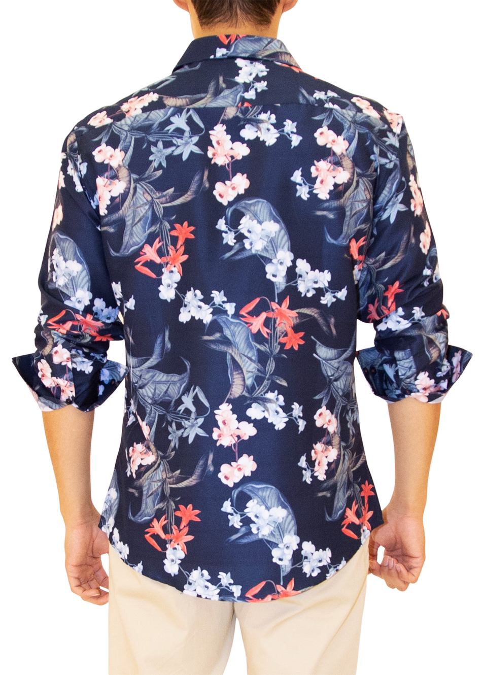 Men's Navy Floral Button Up Long Sleeve Dress Shirt