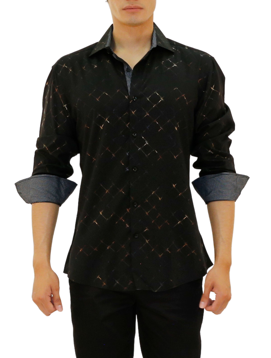 Black Metallic Effect Button Up Long Sleeve Dress Shirt