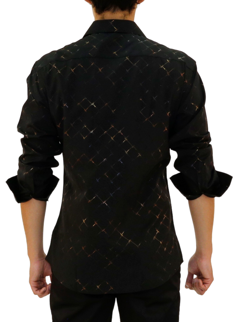 Black Metallic Effect Button Up Long Sleeve Dress Shirt