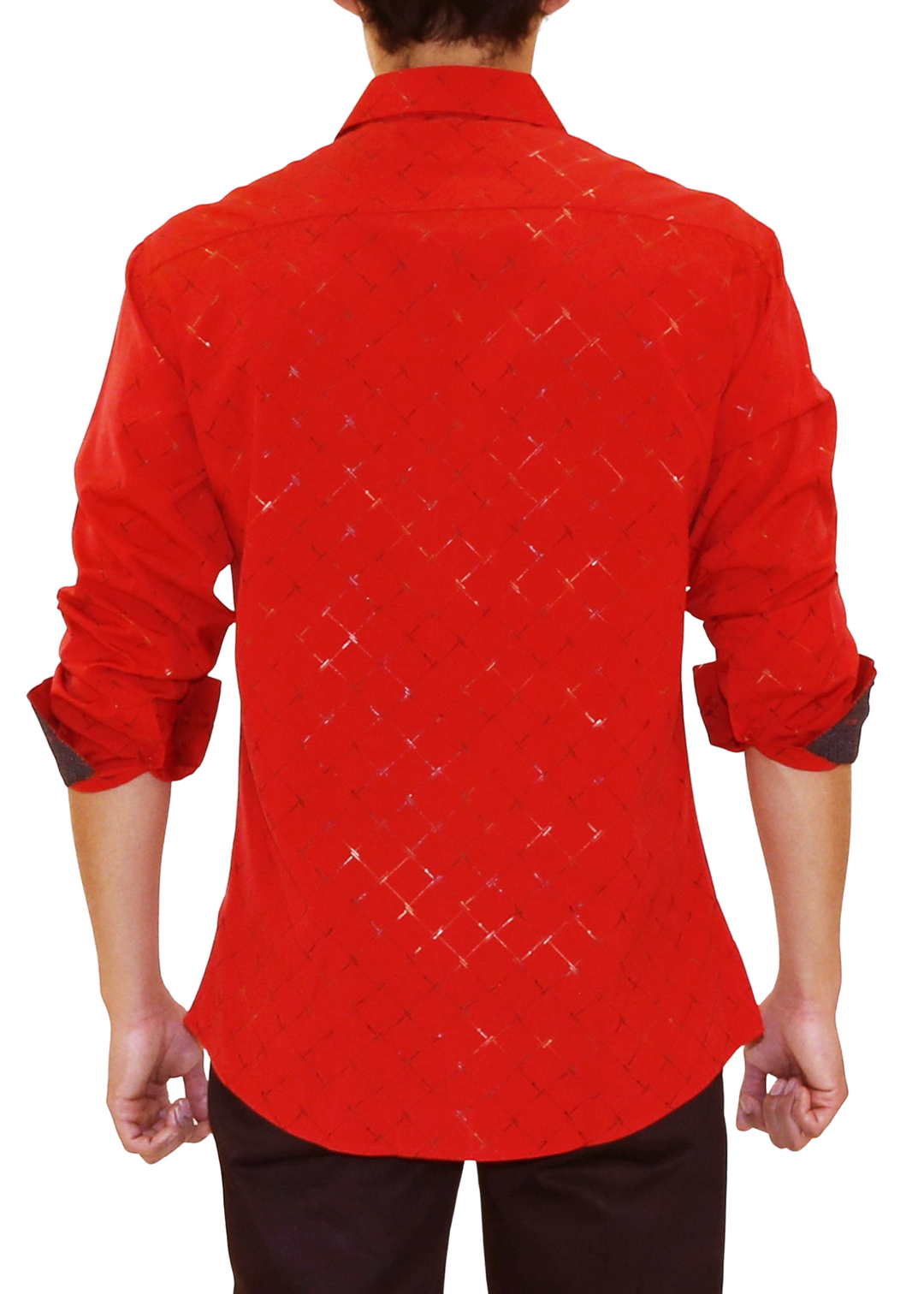 Red Metallic Effect Button Up Long Sleeve Dress Shirt