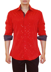 Red Metallic Effect Button Up Long Sleeve Dress Shirt