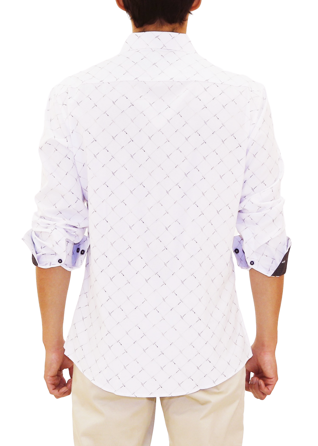 Men's White Criss Cross Button Up Long Sleeve Dress Shirt