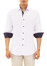 Men's White Criss Cross Button Up Long Sleeve Dress Shirt