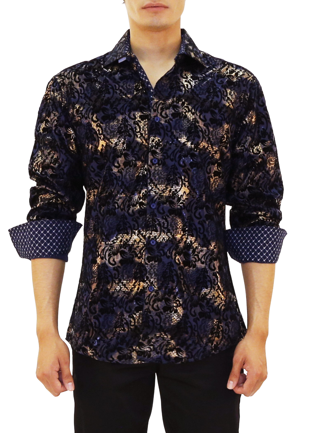 Velvet Paisley Metallic Plaid Long Sleeve Dress Shirt Navy