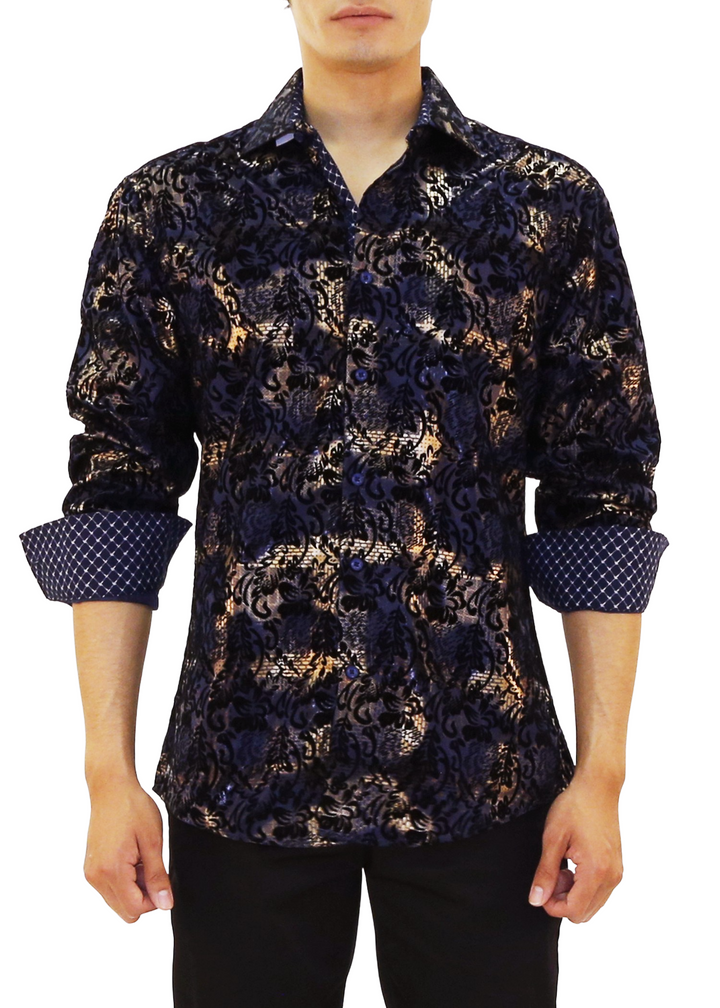 Velvet Paisley Metallic Plaid Long Sleeve Dress Shirt Navy