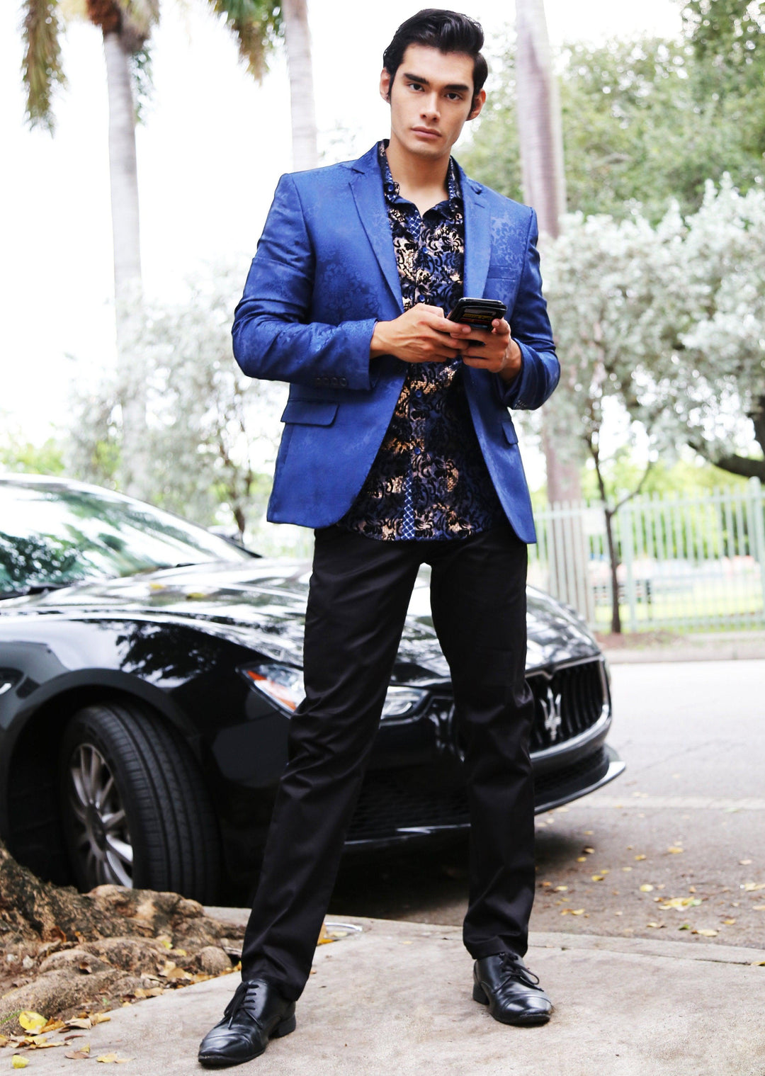 Velvet Paisley Metallic Plaid Long Sleeve Dress Shirt Navy