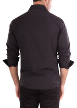 Polka Dot Stitched Texture Button Up Long Sleeve Dress Shirt Black