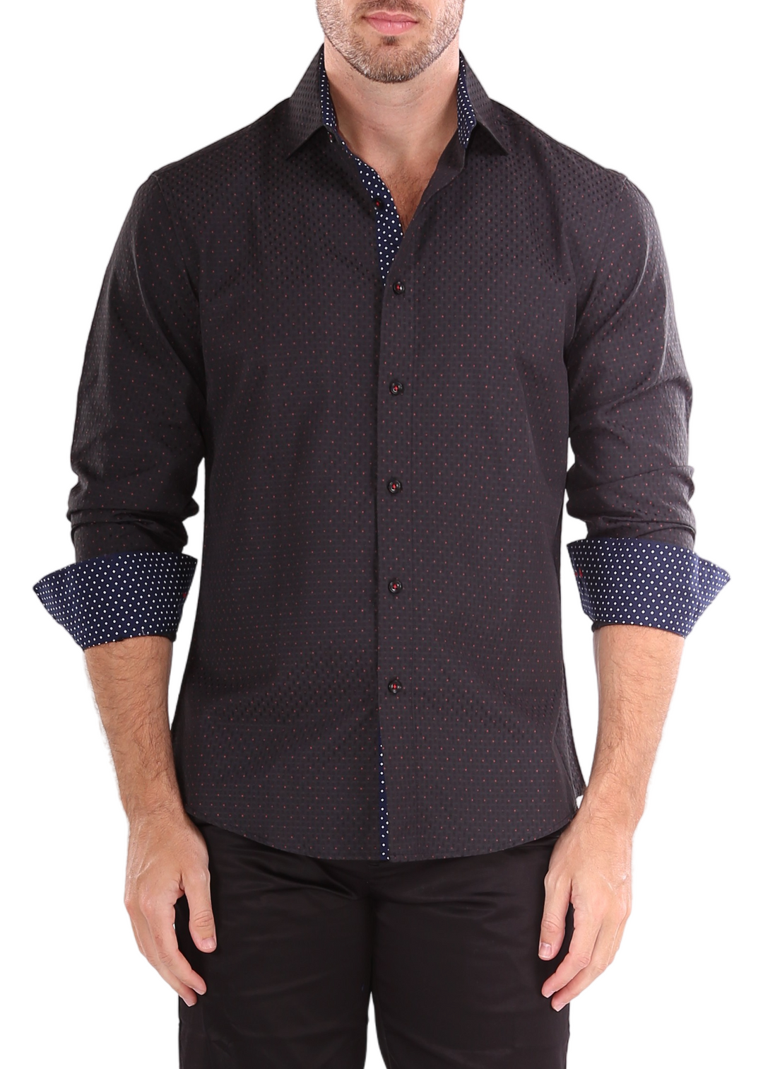 Polka Dot Stitched Texture Button Up Long Sleeve Dress Shirt Black Black / XL Polka Dot Stitched Texture Button Up Long Sleeve Dress Shirt Black Black / XL