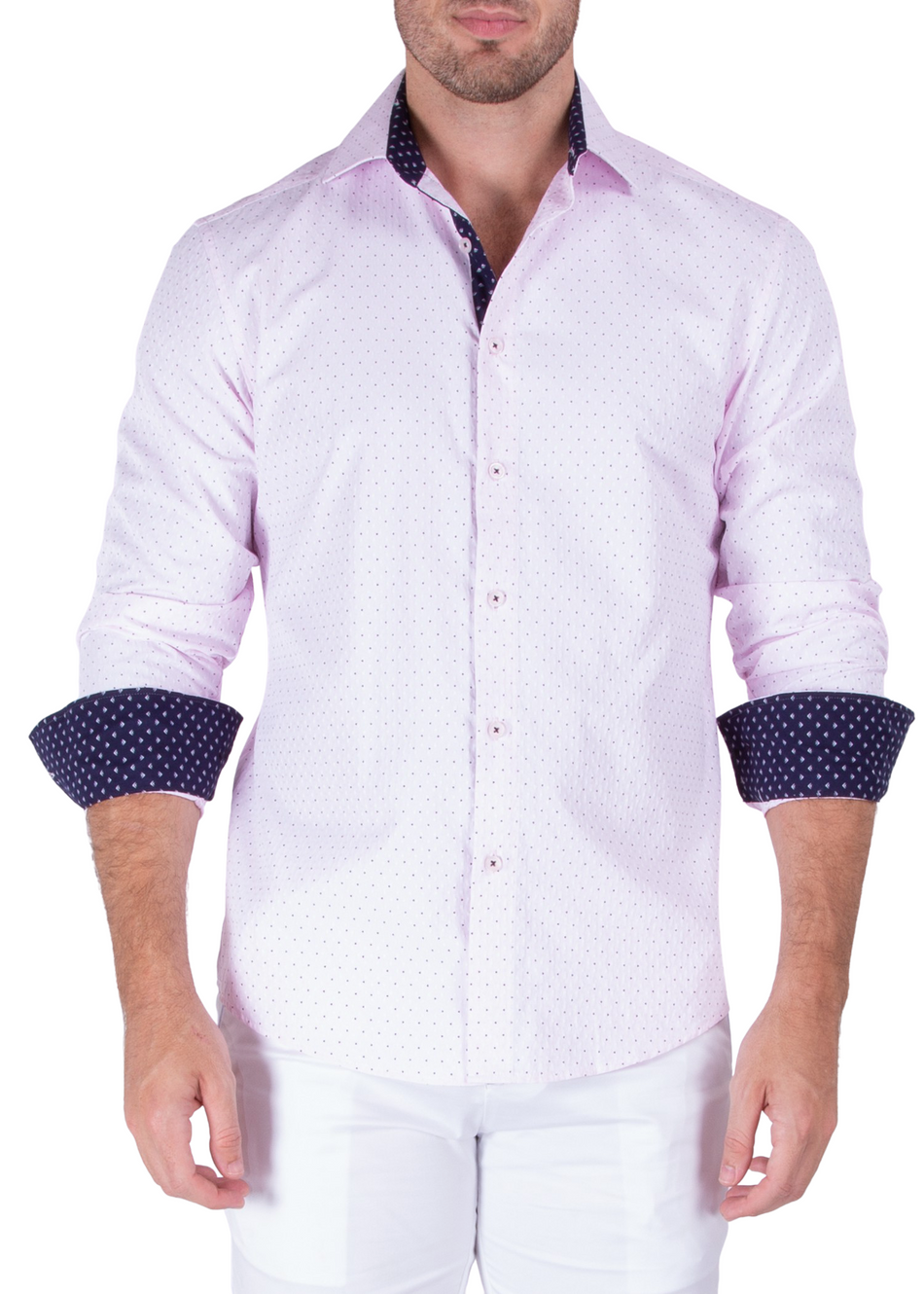 Polka Dot Stitched Texture Button Up Long Sleeve Dress Shirt Pink