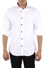 Solid White With Contrast Buttons Long Sleeve Dress Shirt