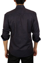 Square Print Contrast Cuff Long Sleeve Dress Shirt Black