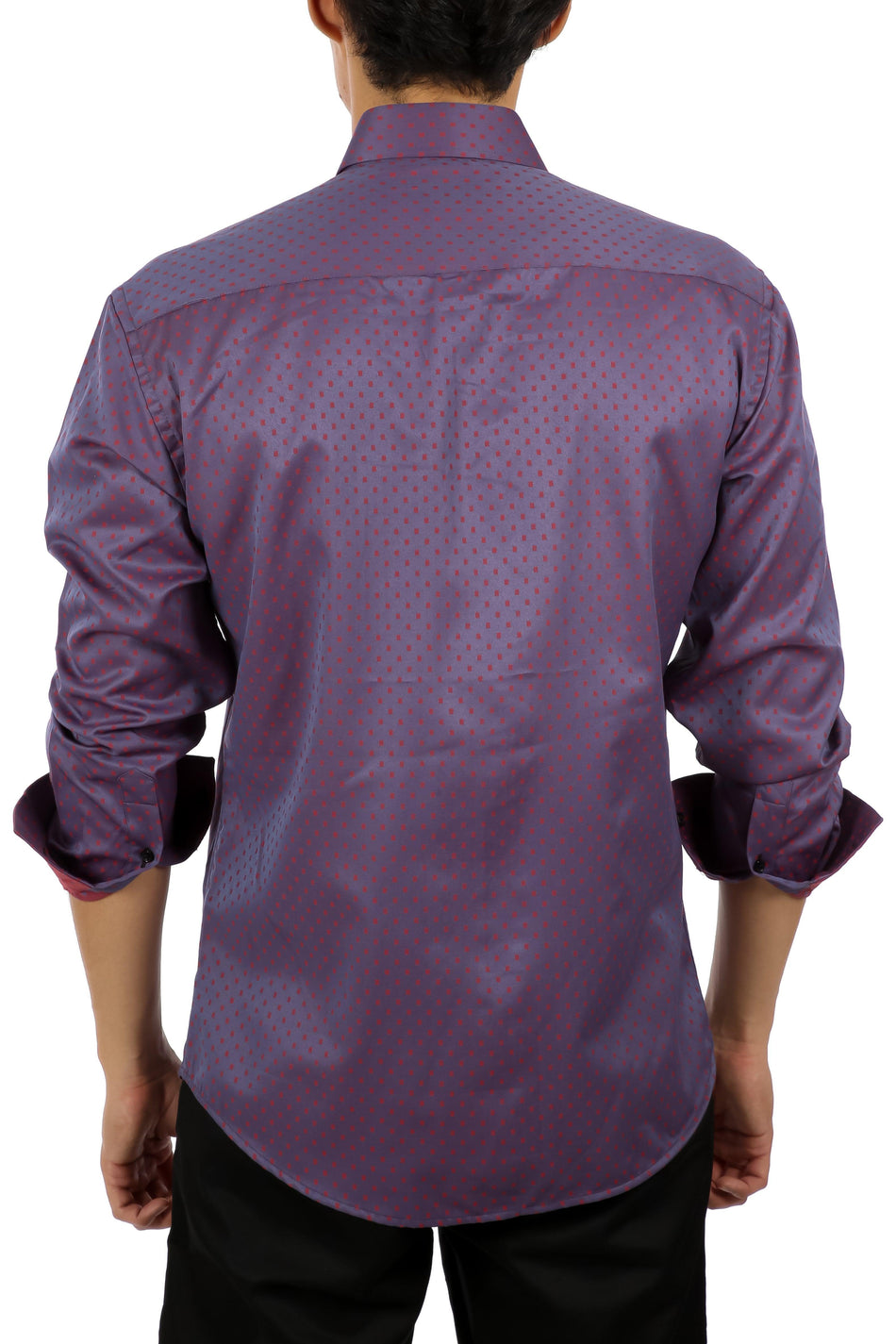 Square Print Contrast Cuff Long Sleeve Dress Shirt Purple