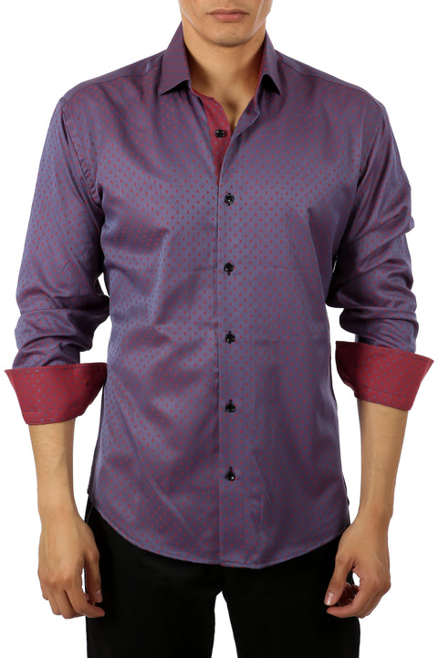 Square Print Contrast Cuff Long Sleeve Dress Shirt Purple