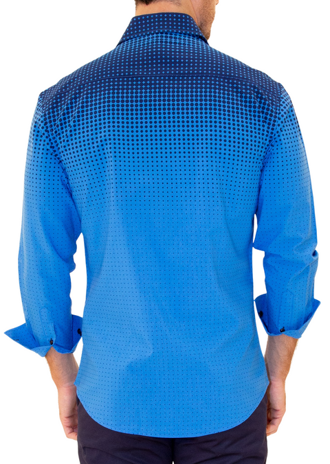 Halftone Effect Turquoise Button Up Long Sleeve Dress Shirt