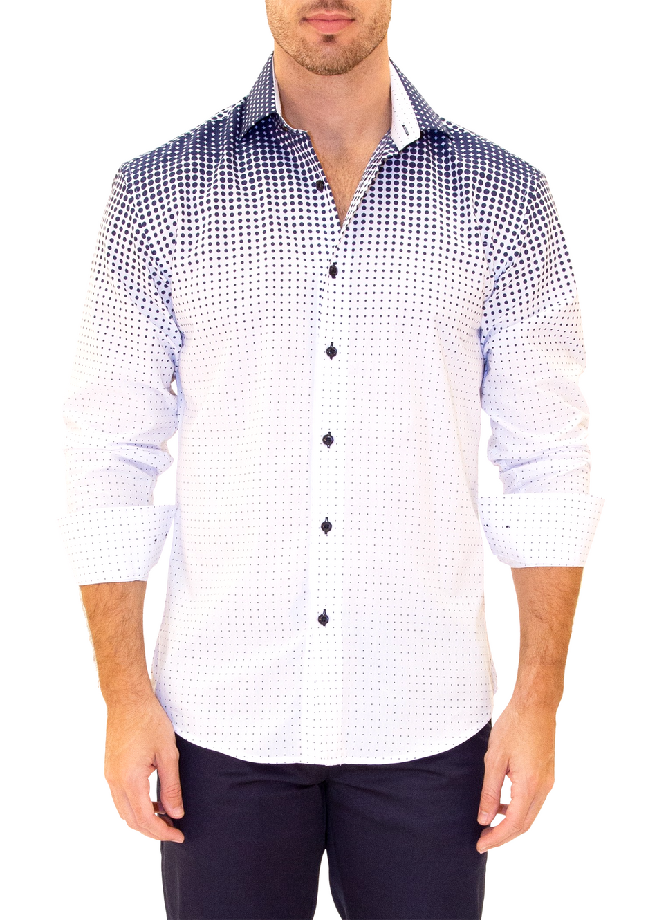 Halftone Effect White Button Up Long Sleeve Dress Shirt