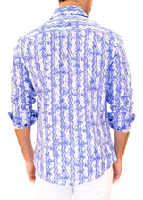 Floral Zig-Zag Print Long Sleeve Dress Shirt Blue