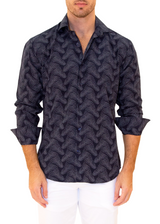 Navy Abstract Halftone Effect Dotted Wave Print Long Sleeve Dress Shirt