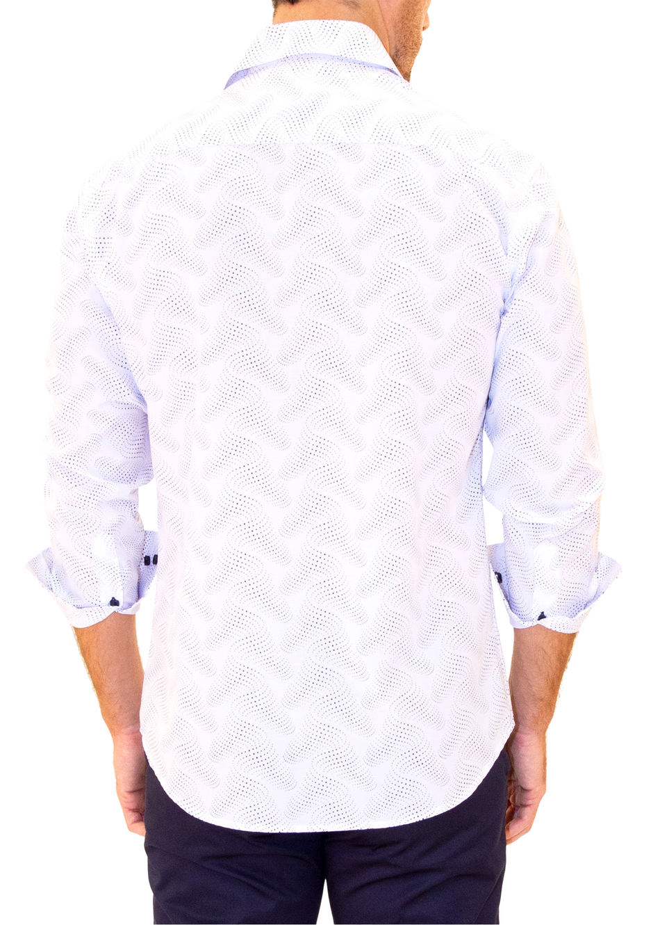 White Abstract Halftone Effect Dotted Wave Print Long Sleeve Dress Shirt