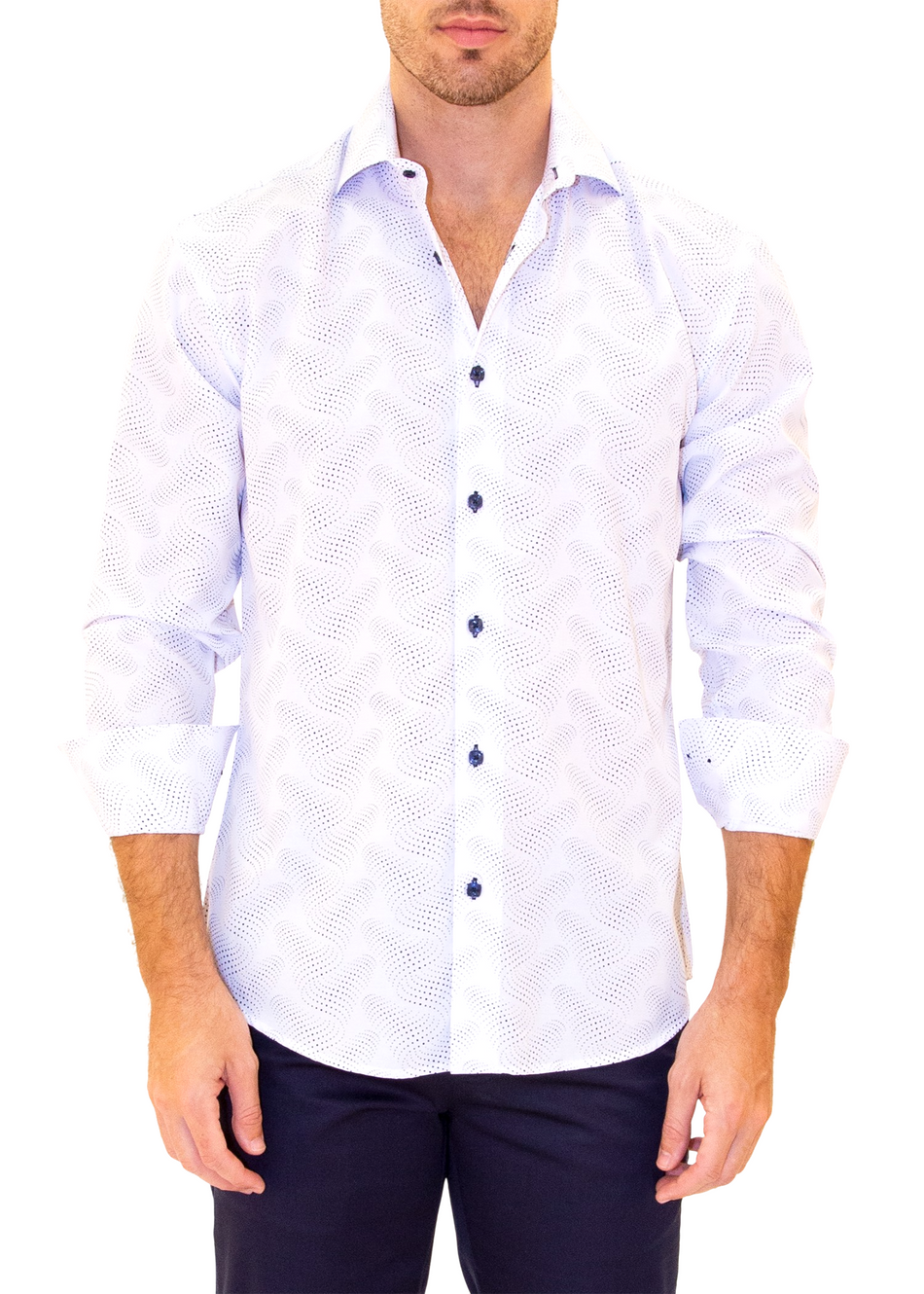 White Abstract Halftone Effect Dotted Wave Print Long Sleeve Dress Shirt