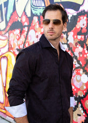 Paisley Texture Solid Black Button Up Men's Long Sleeve Dress Shirt