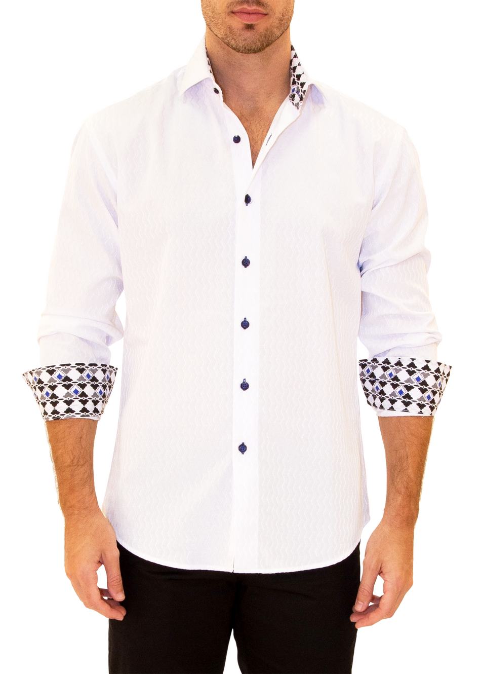 Zig-Zag Texture Solid White Button Up Men's Long Sleeve Dress Shirt