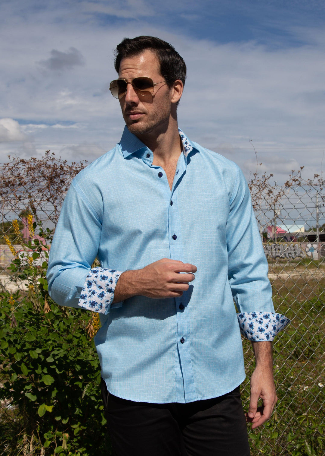 Linen Texture Floral Cuff Long Sleeve Dress Shirt Turquoise Turquoise / 4X Linen Texture Floral Cuff Long Sleeve Dress Shirt Turquoise Turquoise / 4X