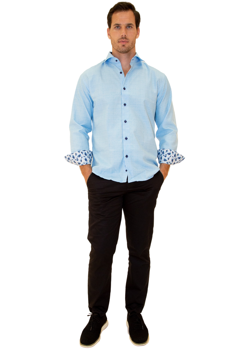 Linen Texture Floral Cuff Long Sleeve Dress Shirt Turquoise