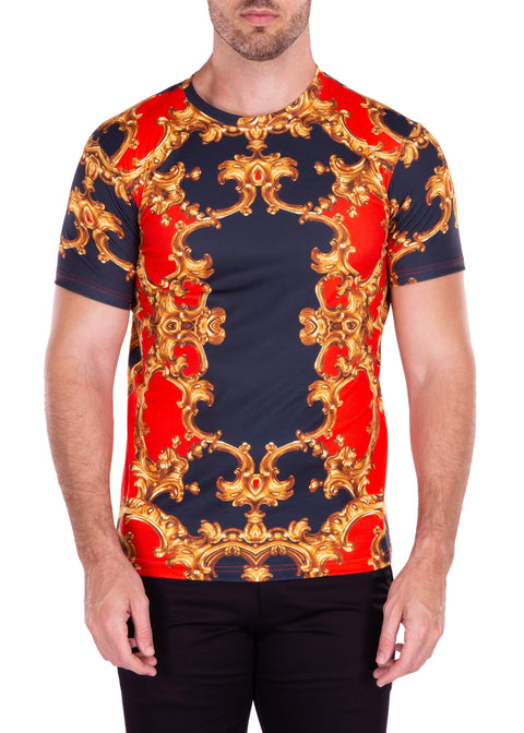 Antique Flourish Abstract Bold Printed All-Over Graphic Tee Red