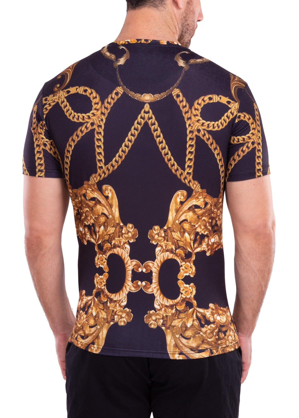 Mirrored Gold Chains Bold Printed All-Over Graphic Tee Black