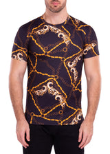 Antique Chains Flourish Motif Bold Printed All-Over Graphic Tee Black