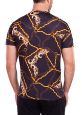 Antique Chains Flourish Motif Bold Printed All-Over Graphic Tee Black