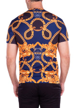 Antique Gold Chain Motif Bold Printed All-Over Graphic Tee Navy