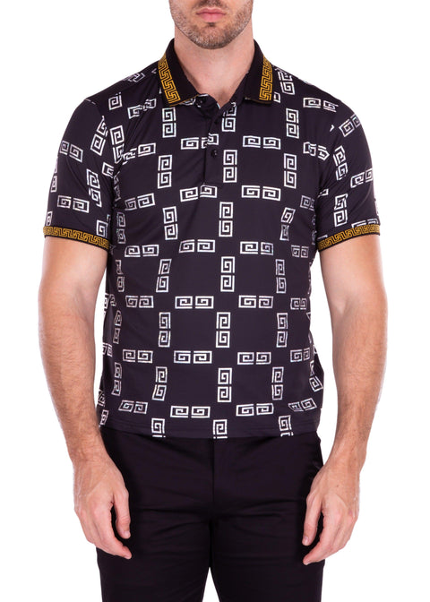 Aztec Spiral Detail Black Metallic Polo Shirt