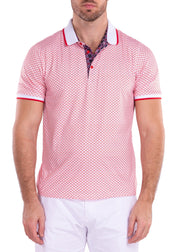 White & Red Geo Pattern Printed Polo Shirt