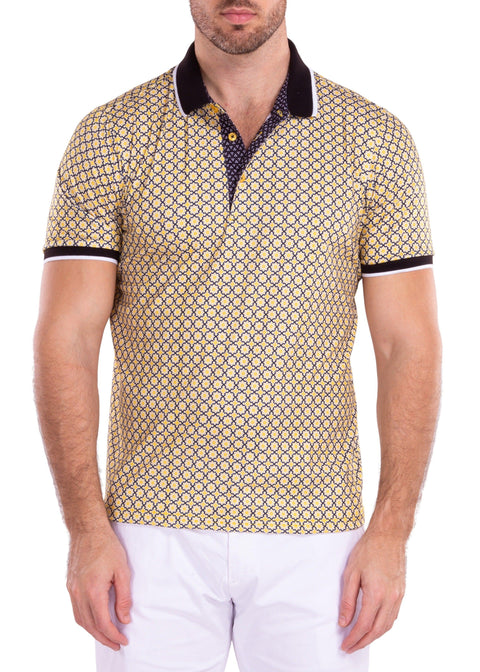 Moroccan Textile Pattern Printed Yellow Polo Shirt