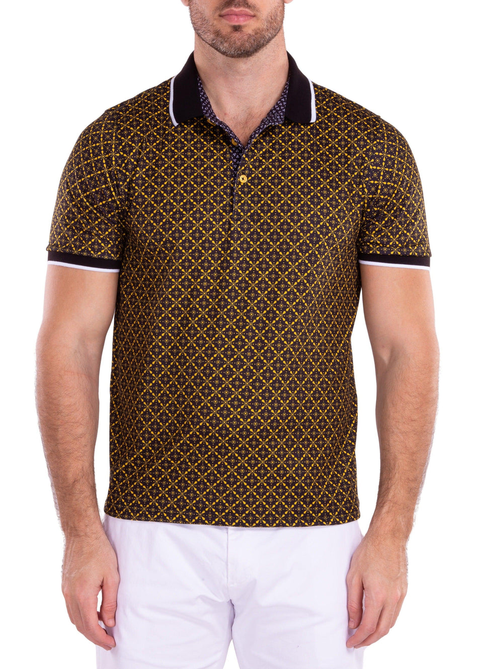 Geometric Kaleidoscope Contrast Yellow Printed Polo Shirt
