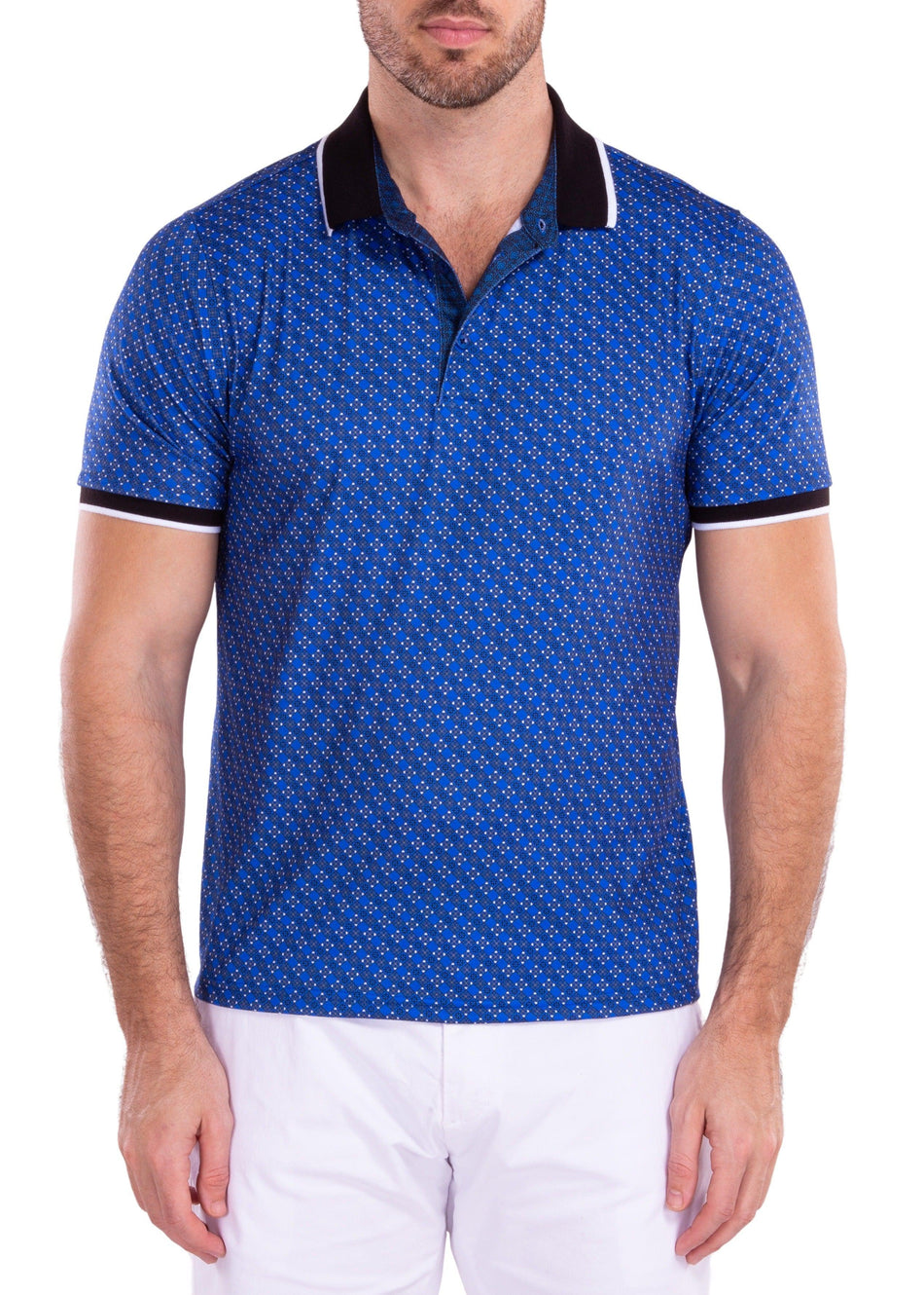 Geometric Detail Pattern Printed Polo Shirt  Blue